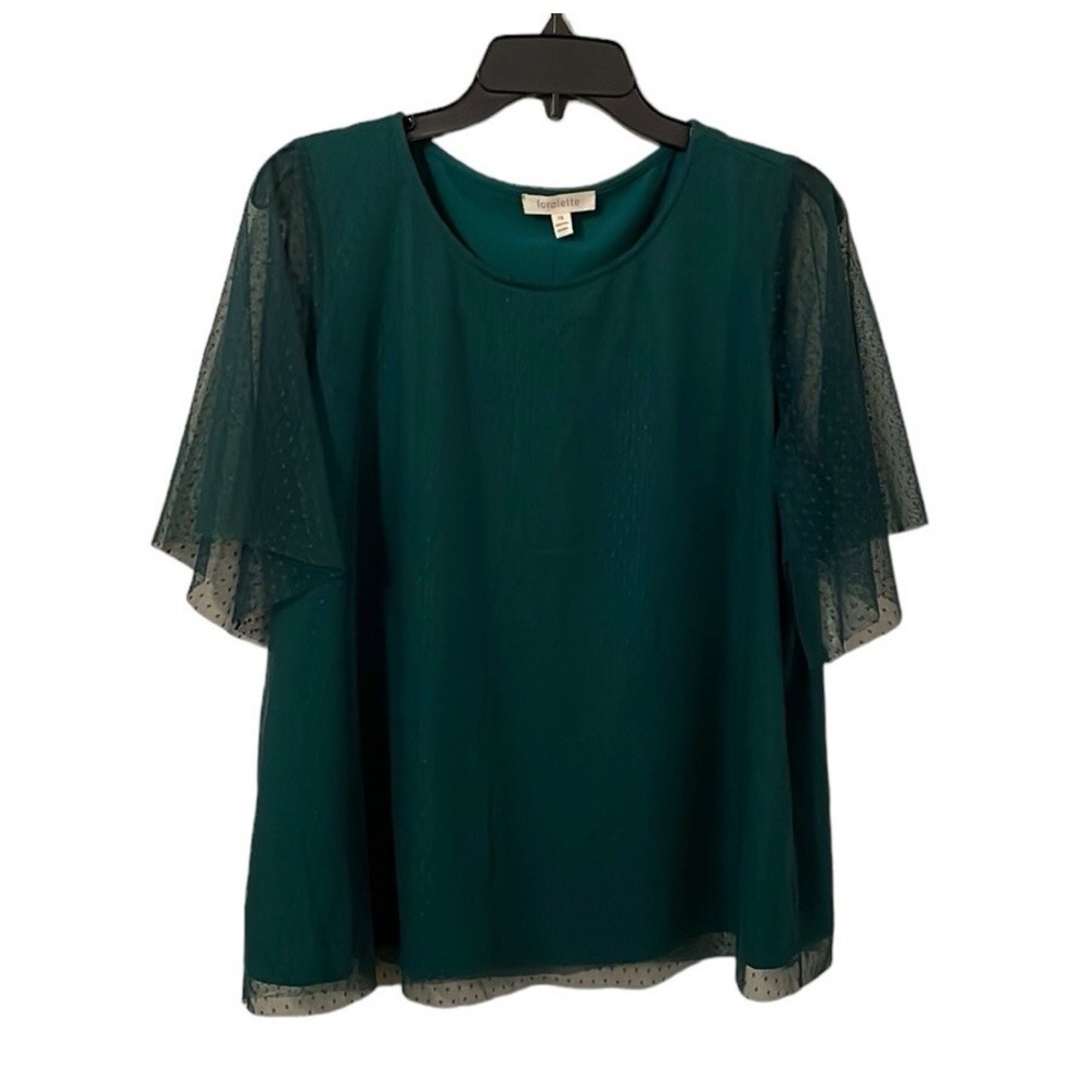 Loralette Women's Teal Green Swiss Dot Mesh Lined Short Sleeve Top Size 16